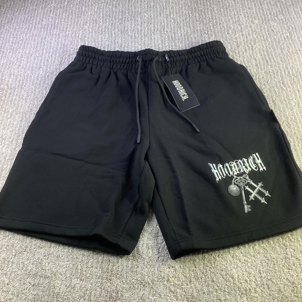HOODRICH Mens Black Graphic‎ Sweat Shorts Casual Drawstring Medium NWT